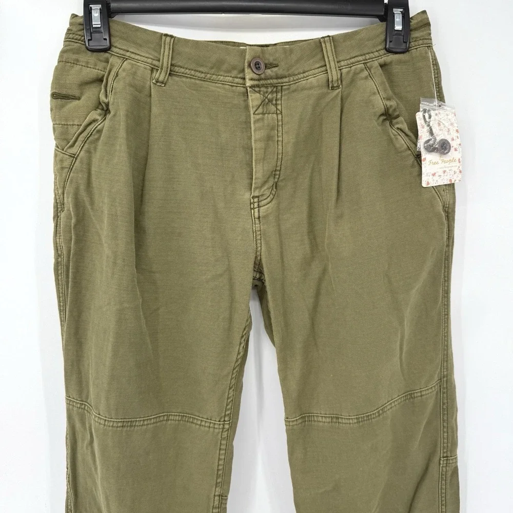 Free People Utility Pants Women 27 Dark Olive OB800848 Pleated Knee Seam Cotton